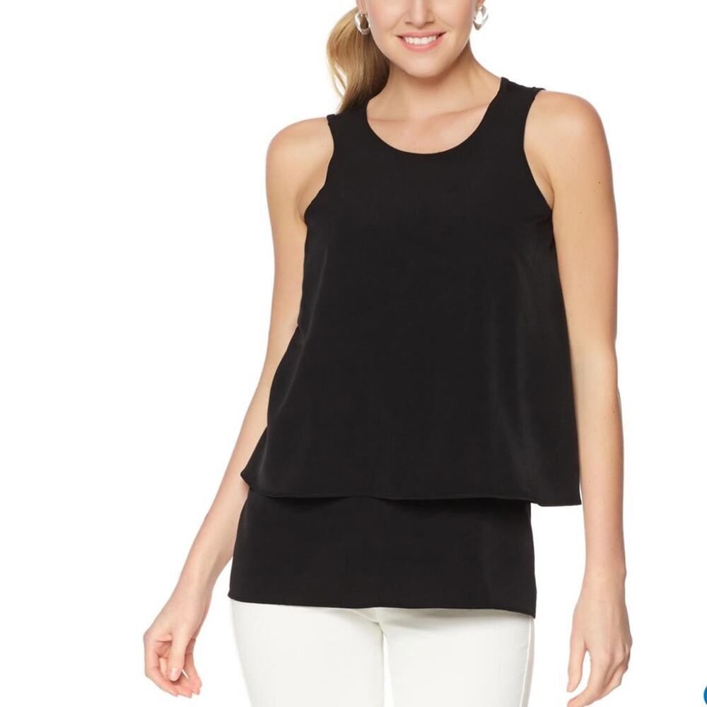 DG2 by Diane Gilman Sleeveless Lettuce Edge Double Layer Easy Tank Black NWT S